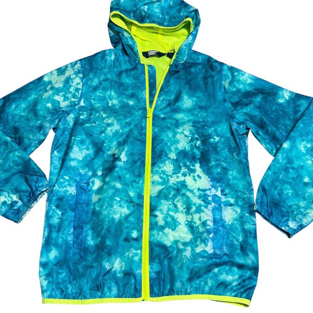 Lands End Windbreaker Kids XL 14/16 Blue Green Excellent Tie Dye Hooded Jacket - Picture 1 of 8